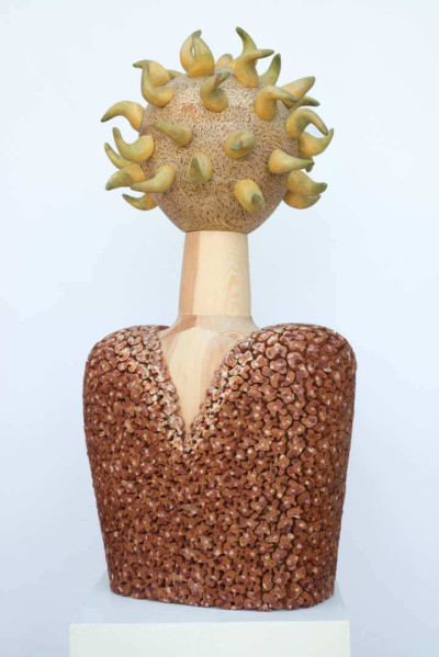 Une idée boufonne - François LACOSTE Sculpture en bois : buste et une multitude de cornes sortant de la tête.