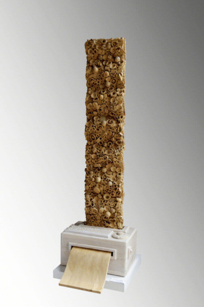 Imprimante 3D - François LACOSTE Sculpture en bois d'une imprimante 3D dont sort une feuille