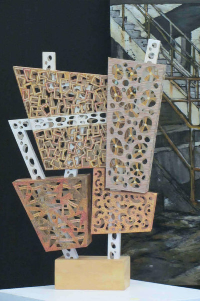 4 blocs - François LACOSTE Sculpture en bois avec 4 blocs géométriques